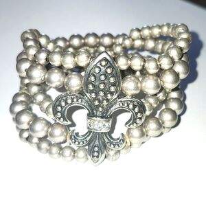 Vtg Multistrand Large Rhinestone Metal Fleur De Lis Stretch Bracelet